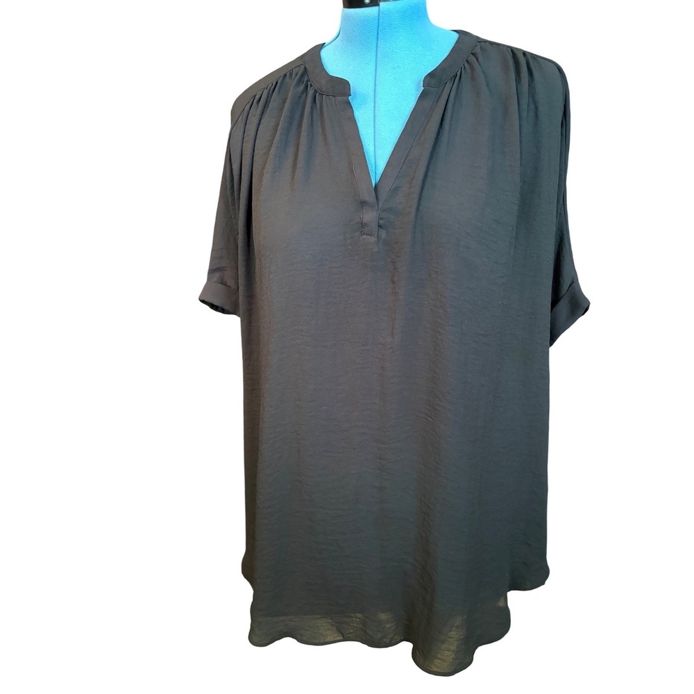 a.n.a A New Approach Black Split V-Neck Cuffed Short Sleeve Blouse XL RN 93677